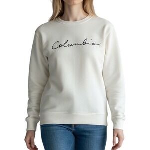 Columbia Womens Cream Script Logo Fleece Sweatshirt Crewneck Pullover Medium